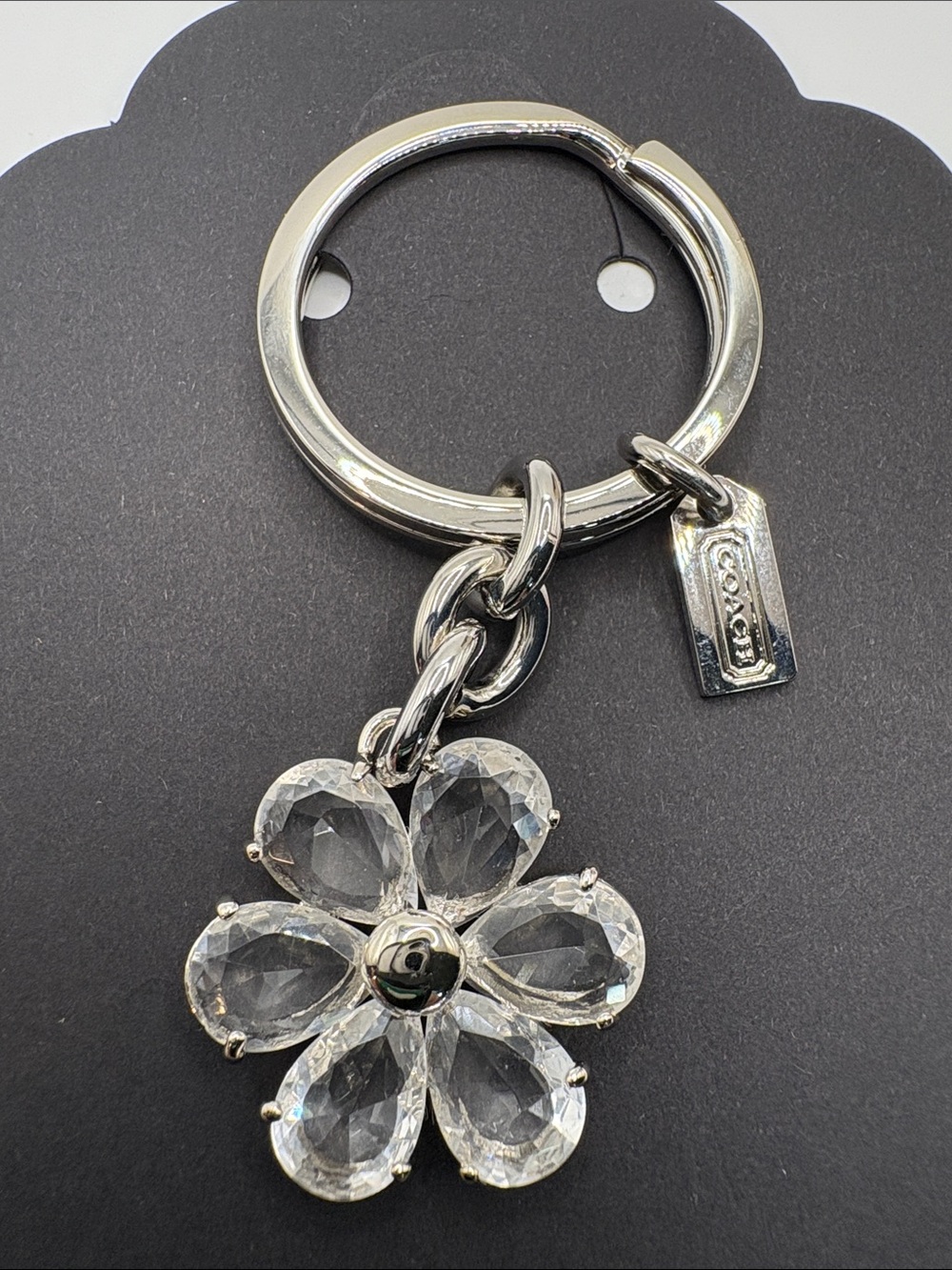 Coach Silver-tone Key Ring with Clear Crystal Flower Charm